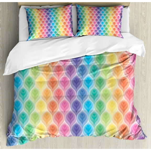 Geometric Duvet Cover Set Queen Size, Rainbow Colored Ornamental Vintage Floral Arrangement Leaf Pattern Retro Design, Decorative 3 Piece Bedding Set with 2 Pillow Shams, Multicolor, by Ambesonne