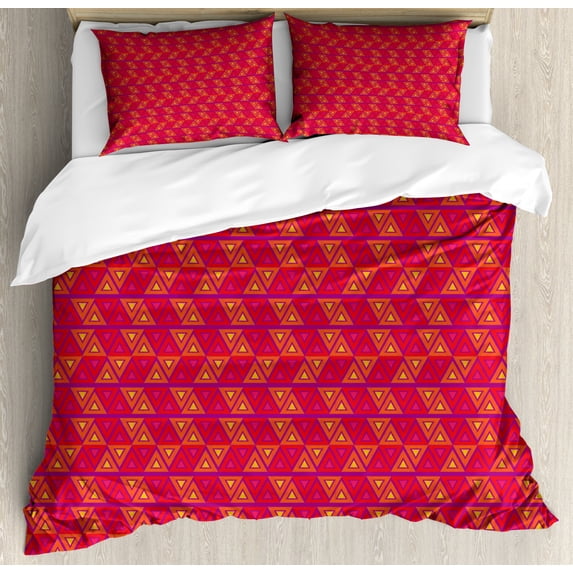 Geometric Duvet Cover Set Queen Size, Triangular Illustration Angular Abstraction Native Composition Ornamental, Decorative 3 Piece Bedding Set with 2 Pillow Shams, Multicolor, by Ambesonne