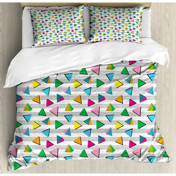 Geometric Duvet Cover Set Queen Size, Vintage Contrast Toned Triangles with Dots and Spouts 80s Avant Garde Art Deco, Decorative 3 Piece Bedding Set with 2 Pillow Shams, Multicolor, by Ambesonne