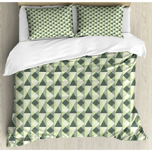 Geometric Duvet Cover Set, Repeated Diagonal Squares and Triangles, Decorative 3 Piece Bedding Set with 2 Pillow Shams, Calking Size, Pale Green Reseda Green, by Ambesonne