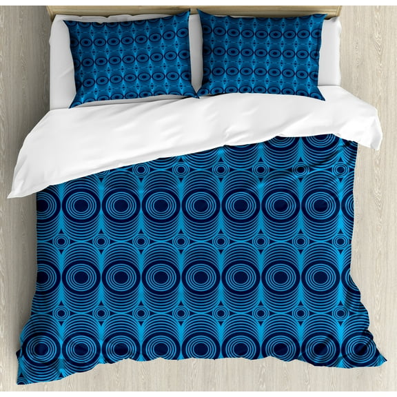 Geometric Duvet Cover Set, Repeated Pattern of Concentric Circles and Intersecting Lines, Decorative 3 Piece Bedding Set with 2 Pillow Shams, Queen Size, Azure Blue and Dark Blue Grey, by Ambesonne