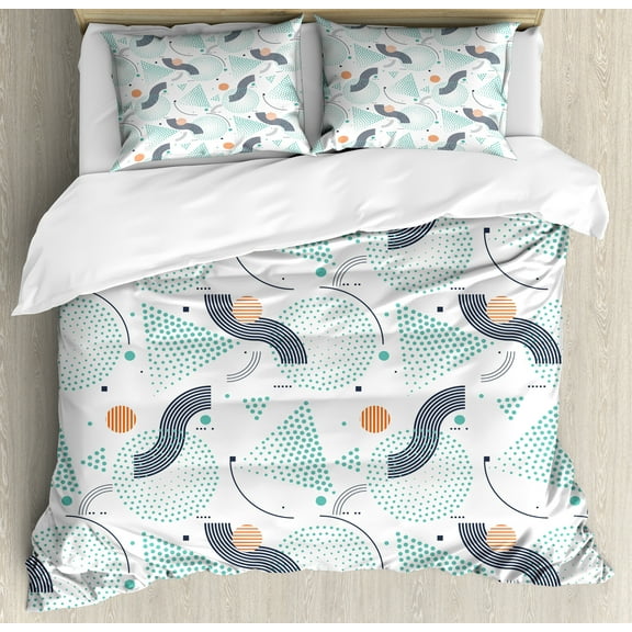 Geometric Duvet Cover Set, Repetitive Dots Triangles Stripes Motifs Print on Plain Background, Decorative 3 Piece Bedding Set with 2 Pillow Shams, Calking Size, Seafoam and Burnt Sienna, by Ambesonne