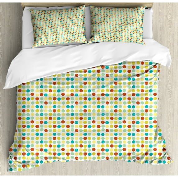 Geometric Duvet Cover Set, Repetitive Funny Retro Pattern with Grunge Colorful Rounds Illustration, Decorative 3 Piece Bedding Set with 2 Pillow Shams, Queen Size, Multicolor, by Ambesonne