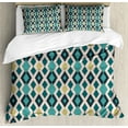 thumbnail image 1 of Geometric Duvet Cover Set, Repetitive Pattern of Vertical Zigzag Lines and Rhombuses Lozenges, Decorative 3 Piece Bedding Set with 2 Pillow Shams, Calking Size, Teal Blush and Khaki, by Ambesonne, 1 of 3