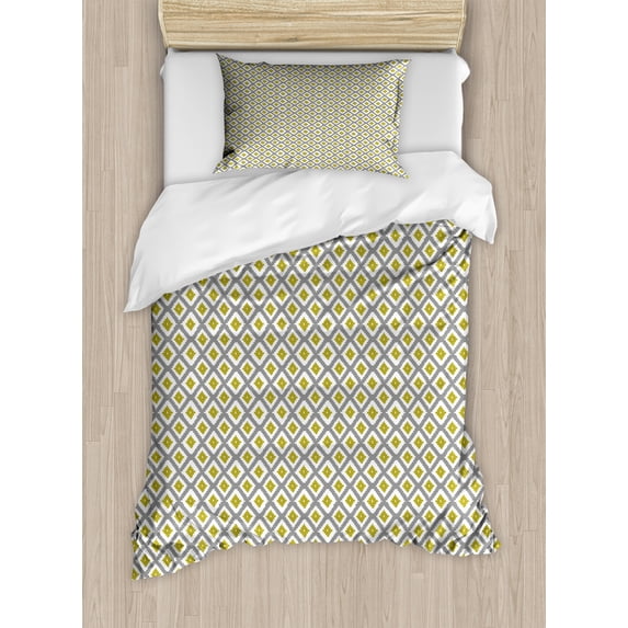 Geometric Duvet Cover Set, Repetitive Simplistic Abstract Rhomb Check Pattern in Bicolour Design, Decorative 2 Piece Bedding Set with 1 Pillow Shams, Twin Size, Dimgray Khaki White, by Ambesonne