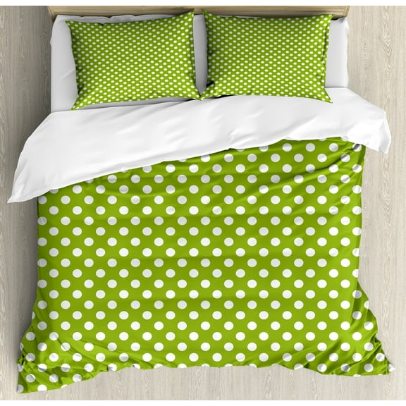 Geometric Duvet Cover Set, Retro Style Simple Image of Polka Dots Circle Shapes in Repetitive Pattern, Decorative 3 Piece Bedding Set with 2 Pillow Shams, Calking Size, Lime Green White, by Ambesonne