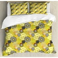 thumbnail image 1 of Geometric Duvet Cover Set, Retro Unusual Psychedelic Style Ring Shaped Dots and Spots in Colorful Design Image, Decorative 3 Piece Bedding Set with 2 Pillow Shams, Calking Size, Mustard, by Ambesonne, 1 of 3