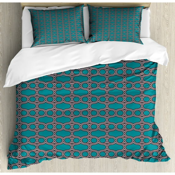 Geometric Duvet Cover Set, Simple Abstract Lattice in Cold Tones Print, Decorative 3 Piece Bedding Set with 2 Pillow Shams, Queen Size, Petrol Blue Multicolor, by Ambesonne