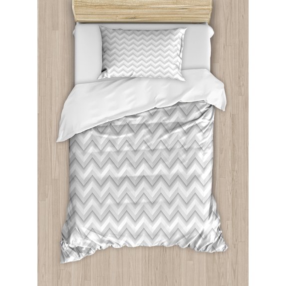 Geometric Duvet Cover Set, Simple Zig Zag Chevron Many Angle Pattern Minimalist Abstract Design Print, Decorative 2 Piece Bedding Set with 1 Pillow Shams, Twin Size, Pale Grey White, by Ambesonne