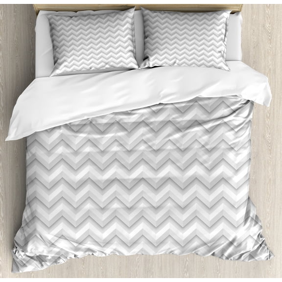 Geometric Duvet Cover Set, Simple Zig Zag Chevron Many Angle Pattern Minimalist Abstract Design Print, Decorative 3 Piece Bedding Set with 2 Pillow Shams, King Size, Pale Grey White, by Ambesonne