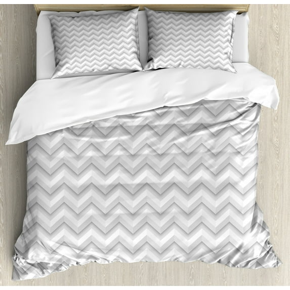 Geometric Duvet Cover Set, Simple Zig Zag Chevron Many Angle Pattern Minimalist Abstract Design Print, Decorative 3 Piece Bedding Set with 2 Pillow Shams, Queen Size, Pale Grey White, by Ambesonne