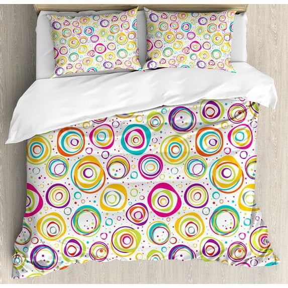 Geometric Duvet Cover Set, Spirals with Funny Dots Bubbles Background Theme Print, Decorative 3 Piece Bedding Set with 2 Pillow Shams, King Size, Multicolor, by Ambesonne