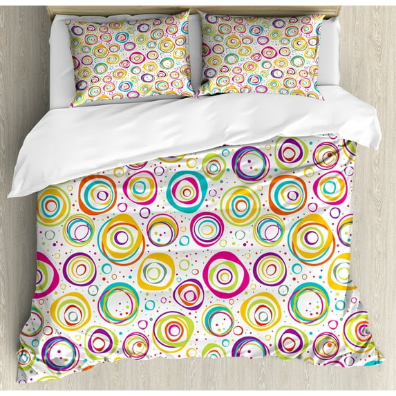 Geometric Duvet Cover Set, Spirals with Funny Dots Bubbles Background Theme Print, Decorative 3 Piece Bedding Set with 2 Pillow Shams, Queen Size, Multicolor, by Ambesonne