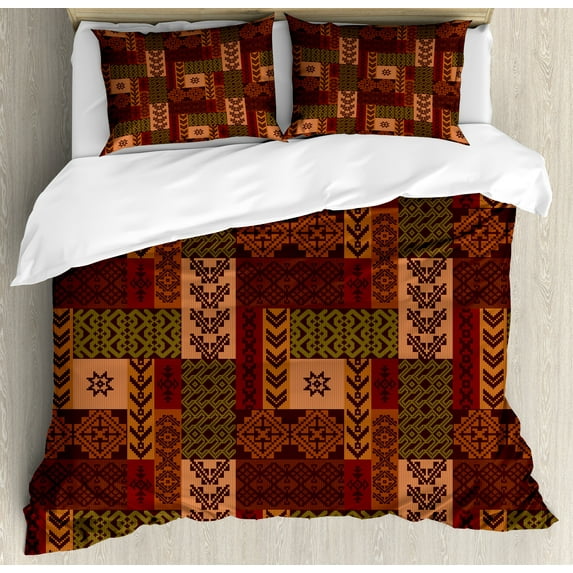 Geometric Duvet Cover Set, Style Geometric Folk Design Geometric Floral Motifs Print, Decorative 3 Piece Bedding Set with 2 Pillow Shams, King Size, Pink Green and Brown, by Ambesonne