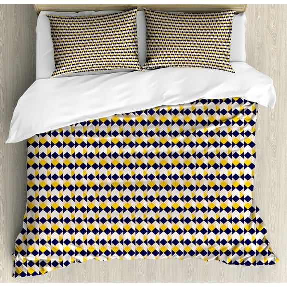 Geometric Duvet Cover Set, Triangles in Ethnic Aztec Culture Effects Folk Traditional Pattern, Decorative 3 Piece Bedding Set with 2 Pillow Shams, King Size, Indigo Beige and Mustard, by Ambesonne