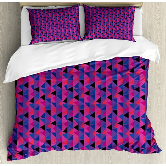 Geometric Duvet Cover Set, Triangles Pattern Along Vertical Stripes Modern Abstract Design, Decorative 3 Piece Bedding Set with 2 Pillow Shams, Queen Size, Hot Pink and Blue Violet, by Ambesonne