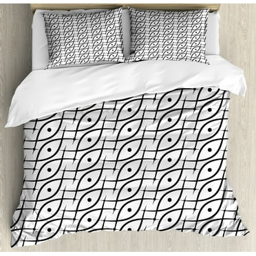 Geometric Duvet Cover Set, Trippy Linked Leaf Shaped with Dots and Spots Minimalist Grid Design, Decorative 3 Piece Bedding Set with 2 Pillow Shams, Calking Size, Black White, by Ambesonne