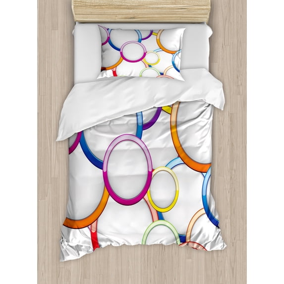 Geometric Duvet Cover Set Twin Size, Abstract Chained Colorful Bubbles and Circles Round Patterns Contemporary Art, Decorative 2 Piece Bedding Set with 1 Pillow Sham, Multicolor, by Ambesonne