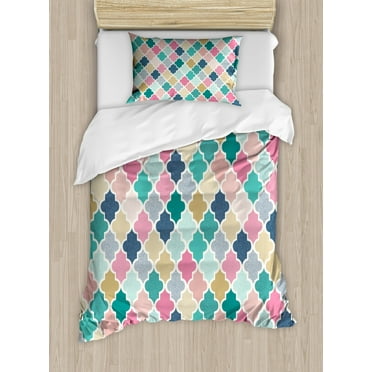 Geometric Duvet Cover Set Twin Size, Classical Moroccan Tiles with Dots in Playful Colors Eastern Art Modern Display, Decorative 2 Piece Bedding Set with 1 Pillow Sham, Multicolor, by Ambesonne