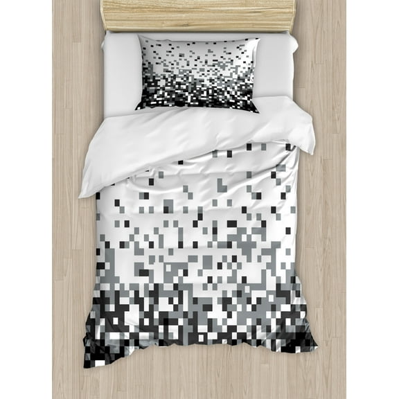 Geometric Duvet Cover Set Twin Size, Graphics Pixel with Little Squares Greyscale Modern Computer Pattern, Decorative 2 Piece Bedding Set with 1 Pillow Sham, Grey Dark Grey White, by Ambesonne