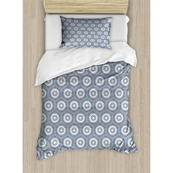 Geometric Duvet Cover Set Twin Size, Pale Toned Hexagon Shapes with Floral Elements Japanese Culture Inspired Pattern, Decorative 2 Piece Bedding Set with 1 Pillow Sham, Grey White, by Ambesonne