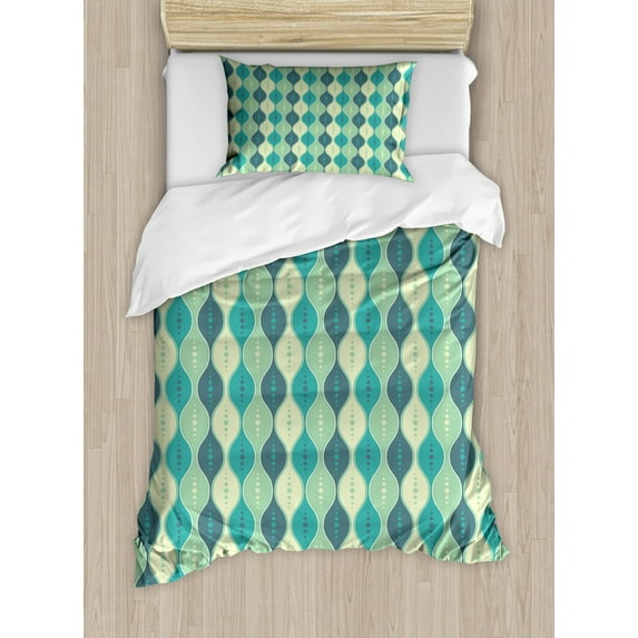 Geometric Duvet Cover Set Twin Size, Retro Pattern Dotted Design Oval Abstract Shapes Symmetrical, Decorative 2 Piece Bedding Set with 1 Pillow Sham, Pale Green Teal Cadet Blue, by Ambesonne