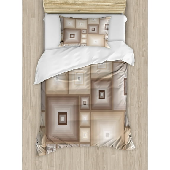 Geometric Duvet Cover Set, Various Cubic and Square Form Pattern Design Vintage Style Retro Graphic Print, Decorative 2 Piece Bedding Set with 1 Pillow Shams, Twin Size, Brown Cream, by Ambesonne