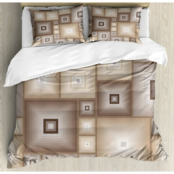 Geometric Duvet Cover Set, Various Cubic and Square Form Pattern Design Vintage Style Retro Graphic Print, Decorative 3 Piece Bedding Set with 2 Pillow Shams, Queen Size, Brown Cream, by Ambesonne