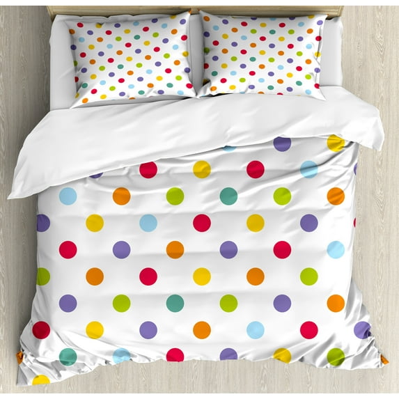 Geometric Duvet Cover Set, Vintage Polka Dots Pastel Colors on Blank Background Cheerful Desing Illustration, Decorative 3 Piece Bedding Set with 2 Pillow Shams, Calking Size, Multicolor, by Ambesonne