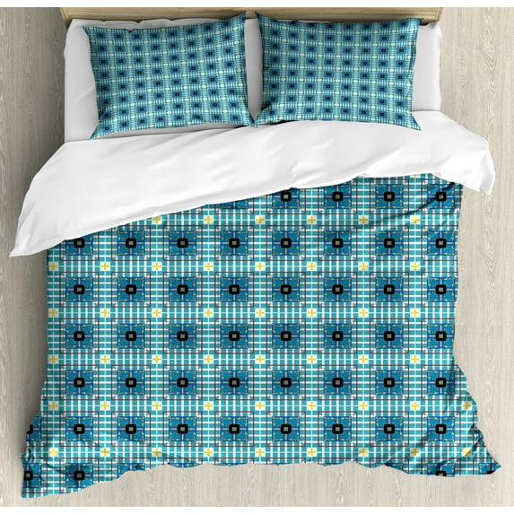 Geometric Duvet Cover Set, Vintage Style Squares Along Inner Checkered Stripes Ornamental Motifs, Decorative 3 Piece Bedding Set with 2 Pillow Shams, Calking Size, Turquoise Multicolor, by Ambesonne