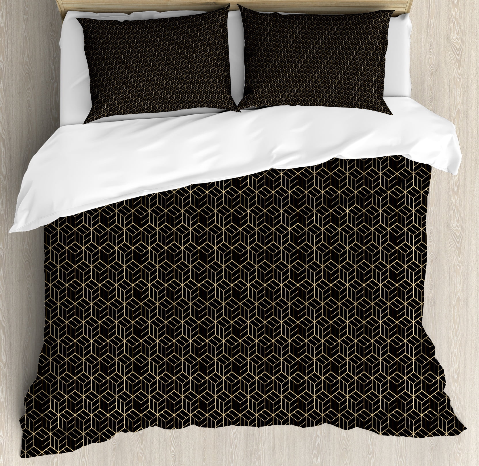 Geometric Duvet Cover Sets, Golden Yellow Tone Ornamental Dimensional ...