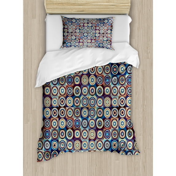 Geometric Duvet Cover Sets, Modern Ring Formed Round Spiral Vortex Circles in Many Tones Work of Art, Bedding Set with 2 Duvet Covers & 2 Pillowcases, 2 Pack Twin Size, Royal Blue Umber, by Ambesonne