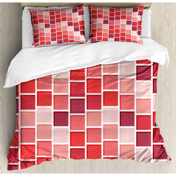Geometric Duvet Cover Sets, Tile Rectangle Square Cube Vertical Lines Geometrical Shapes Periodic, Bedding Set 2 Duvet Covers & 4 Pillowcases, 2 Pack Cal King Size, Coral Rose Dried Rose, by Ambesonne