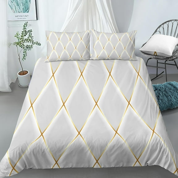 Geometric Duvet Cover White Gold Shade Wave Stripe Soft Quilt Cover for Women Children Teens for Bedroom rations King