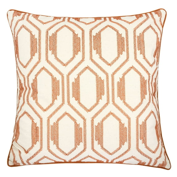 Geometric Embroidered Cotton Throw Pillow – Rust Modern Accent