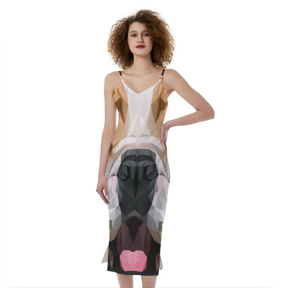 Geometric English Bulldog Print Slim Fit Midi Cami Dress, Dog Pet Lover Fashion Summer Maxi Sexy Casual Dress For Women