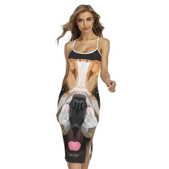 Geometric English Bulldog Printed Cross Back Cami Dress, Dog Pet Lover Fashion Summer Maxi Sexy Casual Dress For Women