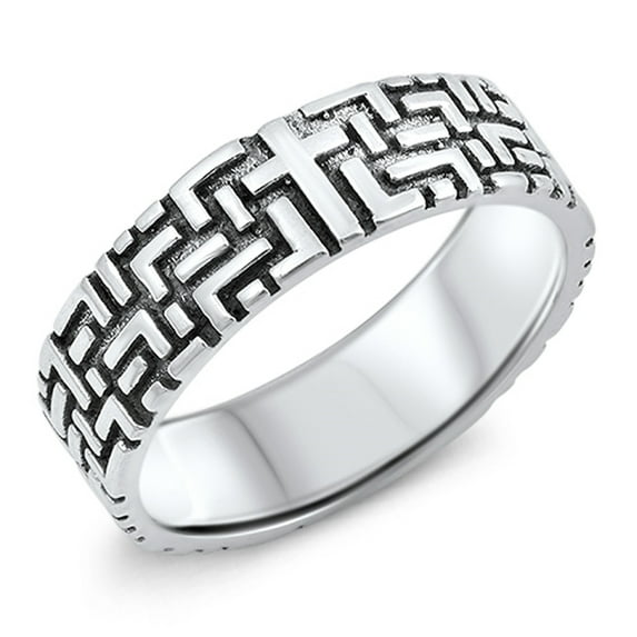 Geometric Etched Oxidized Cross Wedding Ring 925 Sterling Silver Band Jewelry Female Male Size 7
