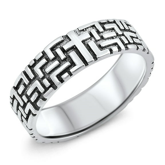 Geometric Etched Oxidized Cross Wedding Ring 925 Sterling Silver Band Jewelry Female Male Size 9