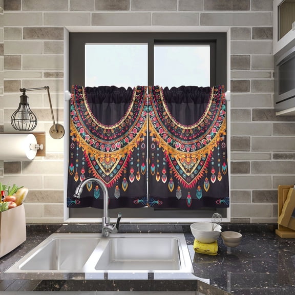 Geometric Ethnic Oriental Necklace Kitchen Curtains Half Tier Curtain 2 Rod Pockets Bathroom Bedroom Cupborad Living Room 27"x24"