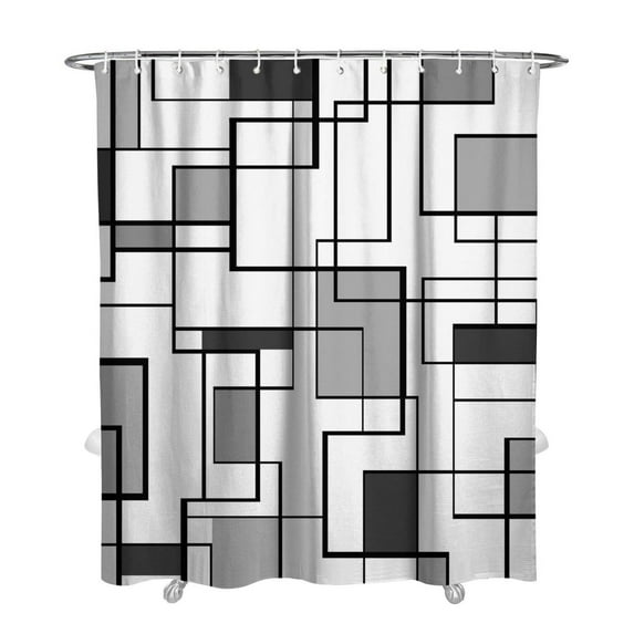 Geometric Fabric Shower Curtain Set, Abstract Mid Century Modern Minimalist Waterproof Shower Curtain for Bathroom Decor, 72 x 84, Black and White Black Grey