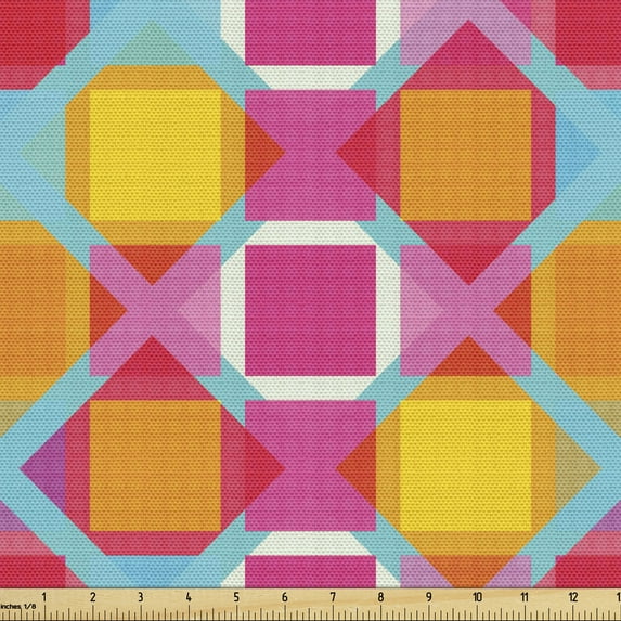 Geometric Fabric by the Yard, Abstract Colorful Lines with Checkered Style Grid Background Grunge Composition, Decorative Upholstery Fabric for Sofas and Home Accents, Multicolor by Ambesonne