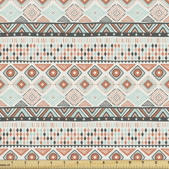 Geometric Fabric by the Yard, Arrangement with Motifs Rectangles and Dots Prehistoric Art, Decorative Upholstery Fabric for Sofas and Home Accents, Orange Mint Grey by Ambesonne
