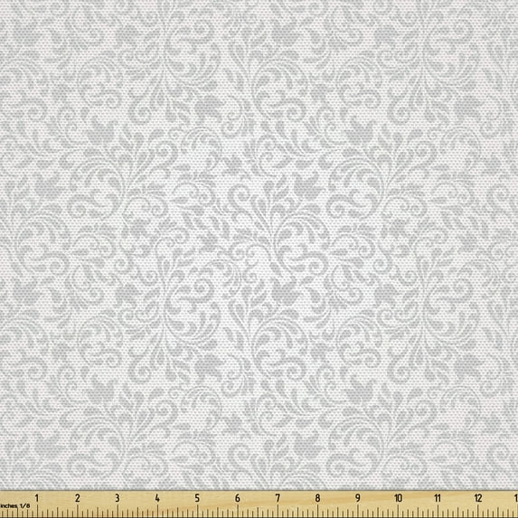 Ambesonne Geometric Fabric by the Yard Upholstery, Victorian Damask Pattern, 3 Yards, Grey and White