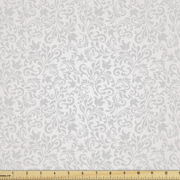 Geometric Fabric by the Yard, Baroque Ethnic Victorian Related Floral Vintage Rococo Damask Plants Pattern, Decorative Upholstery Fabric for Chairs & Home Accents, Grey and White by Ambesonne