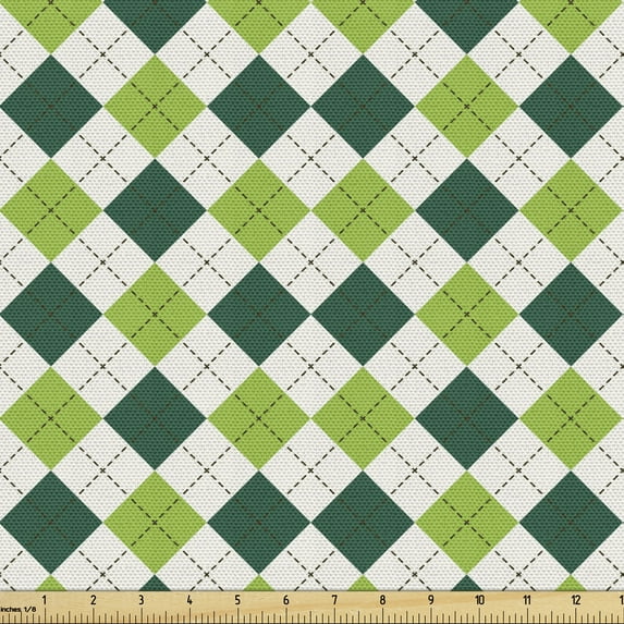 Geometric Fabric by the Yard, Classical Diamond Line Pattern with Dotted Lines Vintage Design, Upholstery Fabric for Dining Chairs Home Decor Accents, Lime Green Dark Green by Ambesonne