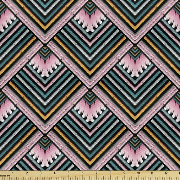 Geometric Fabric by the Yard, Colorful Striped Floral Inspired Repetitive Rhombuses in Style Graphic, Decorative Upholstery Fabric for Sofas and Home Accents, Multicolor by Ambesonne