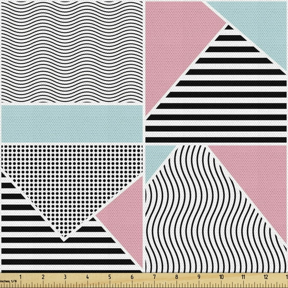 Ambesonne Geometric Fabric by the Yard Upholstery, Minimal Themed Image Art, 5 Yards, Blue Pink and Charcoal Grey