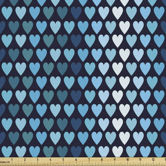 Geometric Fabric by the Yard, Continuous Pattern of Heart Shapes for Valentines Day in Blue Tones, Upholstery Fabric for Dining Chairs Home Decor Accents, Charcoal Grey Multicolor by Ambesonne