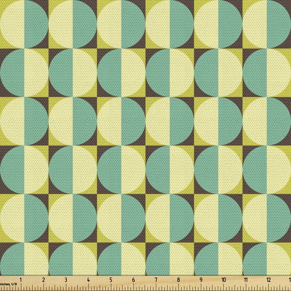 Ambesonne Geometric Fabric by the Yard Upholstery, Bi-color Circles Squares, 1 Yard, Cream Seafoam